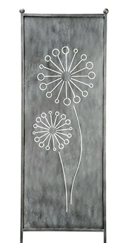 finehomegarden Gartenstecker Stele Metall Pusteblume - Dekostecker für den Garten, 205 cm hoch und 64 cm breit, bietet stilvollen Sichtschutz und Windschutz mit einem eleganten Pusteblumen-Design in grauer Farbe.