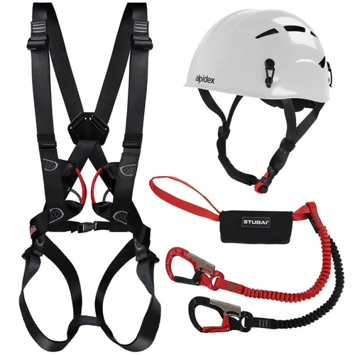 ALPIDEX Kletterhelm + Komplettgurt + Stubai Klettersteigset - Komplettset für Kletterabenteuer! Enthält ALPIDEX Kletterhelm mit Belüftungsöffnungen, komfortablen Klettergurt und Stubai Klettersteigset BASIC 3.0 für optimale Sicherheit und Tragekomfort.