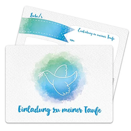 Papierdrachen 12 Einladungskarten zur Taufe - Motiv Taube aquarell blau - Einladung zur Heiligen Taufe für Mädchen und Jungen - hochwertig gedruckt in DIN A6