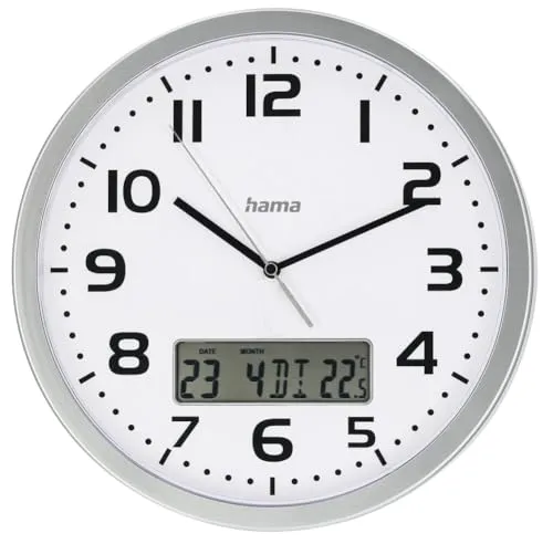 Hama Wanduhr Moorea - Funkuhr 30 cm, silber, mit analoger Zeitanzeige und integriertem Thermometer
