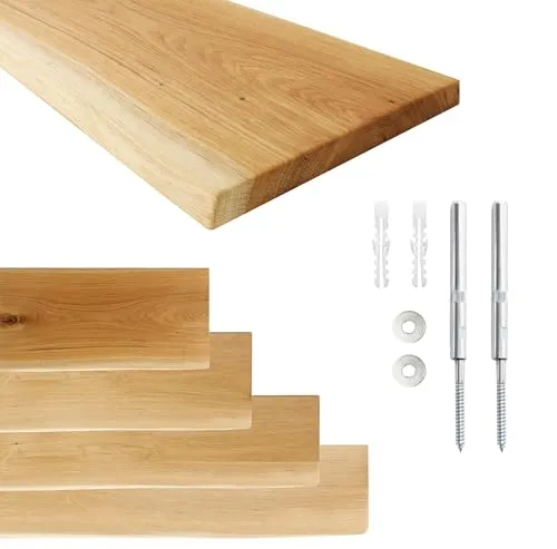 Schweberegal LIVE EDGE - Wandregal mit Baumkante - Schweberegale aus FSC-zertifiziertem Eichenholz, unsichtbare Wandmontage für filigrane Optik, ideal für Bücher, Gewürze oder Deko.