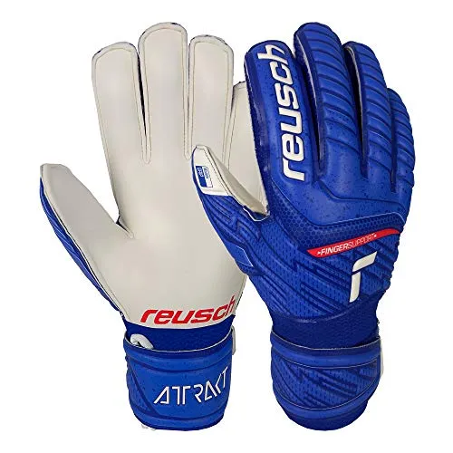 Reusch Attrakt Grip Finger Support Junior Torwarthandschuhe - Torwarthandschuhe für Kinder mit Fingerprotektion, ideal für alle Wetterbedingungen und Spielfelder. Hoher Naturlatex-Anteil sorgt für erstklassigen Grip und Kontrolle!