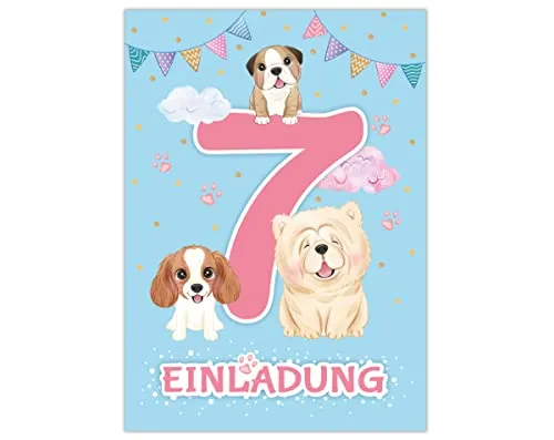 Junapack 12 Einladungskarten zum 7. Kindergeburtstag Einladung zum siebten Geburtstag Mädchen Hunde