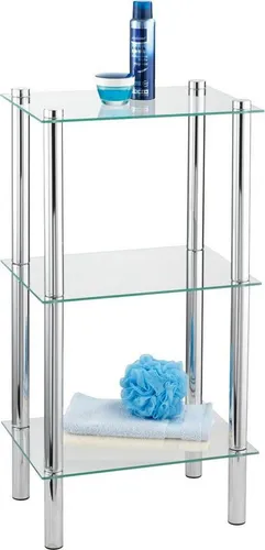 WENKO Regal Mod. Yago mit 3 Glasablagen - Elegantes Badregal aus Edelstahl und Glas, 40 x 74 x 30 cm, bietet platzsparenden Stauraum für Pflegeprodukte und Handtücher.