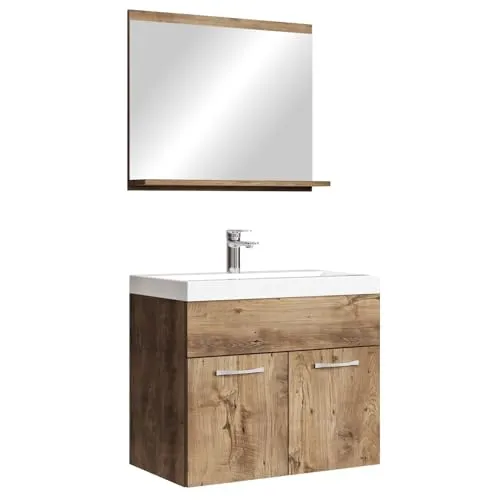 Badplaats B.V. Badezimmer Badmöbel Set Montreal 02 - 60cm Waschbecken in Braun Eiche - Komplettprogramm für Badezimmer mit Unterschrank, Kunstmarmor-Waschbecken und Spiegel. Das Set bietet hochwertige Materialien und eine integrierte Überlauf-Funktion für mehr Sicherheit.