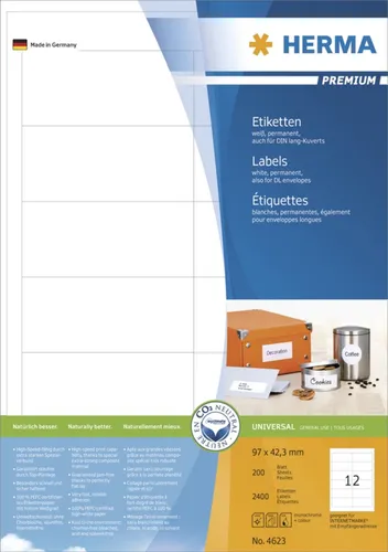 Herma Premium 4623 Etiketten weiß 97 x 42.3mm - Vielzweck-Etiketten, selbstklebend und bedruckbar, ideal für Kopierer und Drucker, 100% recyclingfähig und Made in Germany, 2400 Stück auf A4 Bögen für vielseitige Anwendung.