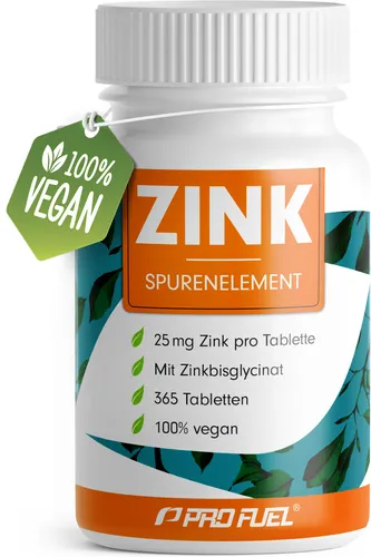 ProFuel Zink 25mg - 365 vegane Tabletten - Hochdosiertes Zink-Bisglycinat für höchste Bioverfügbarkeit, 100% vegan und ideal für das Immunsystem. 1 Jahresvorrat aus biologisch abbaubarer Dose, laborgeprüft in Deutschland.