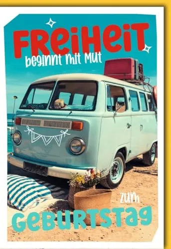 Verlag Dominique Geburtskarten Glückwunschkarten zur Geburt Doppelkarte Freiheit beginnt mit Mut zum Geburtstag Motiv VW Bus am Strand mit Blumen und Koffer in bunten Farben mit Umschlag