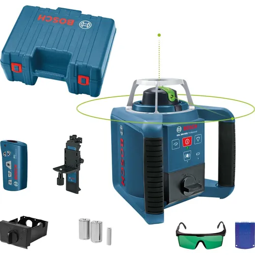 Bosch Rotationslaser GRL 300HVG - 360° grüner Laser - Messgeräte mit hoher Nivelliergenauigkeit ± 3,0mm/30m und Sichtbarkeit bis zu vierfach besser als rote Laser. Inklusive Fernbedienung und Koffer für optimale Nutzung.