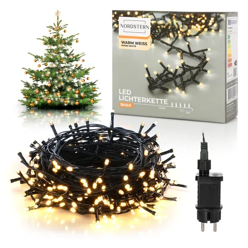 Nordstern LED Lichterkette Warmweiß 180 LEDs - Weihnachts Beleuchtung für Innen & Außen mit Stecker 13,5 m - Deko Weihnachtsbaumbeleuchtung Wett... - Weiß