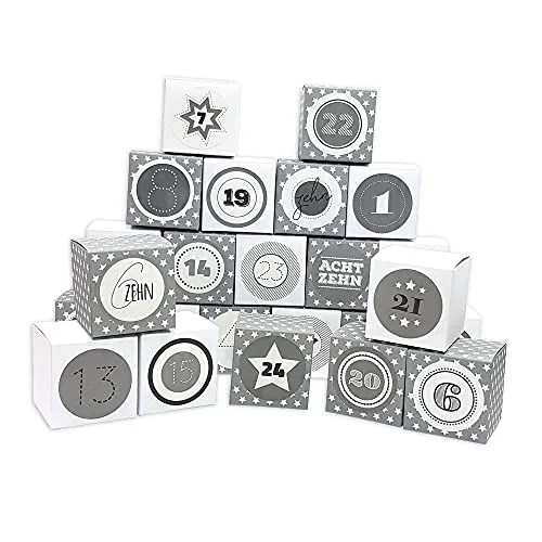 Frau WUNDERVoll® DIY Adventskalender Vorfreude zum Befüllen, Faltschachteln 12x grau, weiße Sterne, 12x weiß 7x7x7cm(gefaltet), XL Ziffern grau/Weihnachten, Würfelbox, Faltverpackung, Schachteln