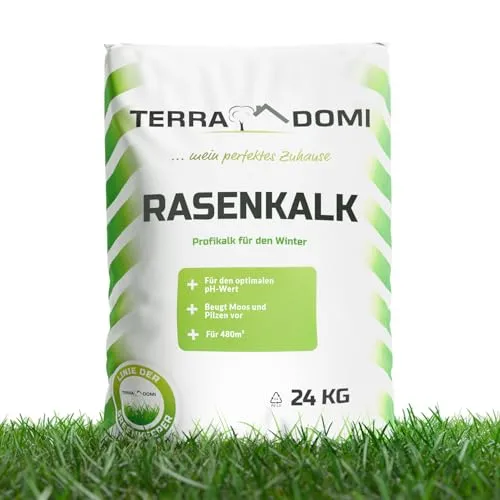 TerraDomi Rasenkalk & Gartenkalk 24kg | Beugt Moos & Pilzen vor | Zur Erhöhung des pH-Wertes saurer Böden | Für einen gesunden Rasen I Intensiviert die Düngung | Für 480m²