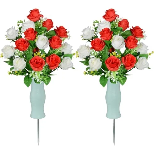 AOFOX Grabstein Blume für Gräber, künstliche Friedhof Blume Rose Bouquet Friedhof Memorial Blume mit Vase für Grabsteine Dekoration Set von 2 (Red-White)