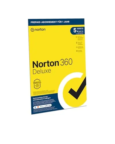 Norton Security Deluxe 5 Geräte - 1 Jahr Antivirus Download ohne Abo - Security-Suite für bis zu 5 Geräte, schützt vor Bedrohungen ohne Abo, ideal für Familien und kleine Unternehmen.