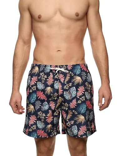 Indicode Herren INAntorgos Badehose mit superweicher Innenhose - Stylische Badeshorts für Männer mit tropischem Muster. Elastischer Bund und superweiches Material sorgen für hohen Tragekomfort. Praktische Seitentaschen bieten Platz für Essentials. Ideal für den Sommer!