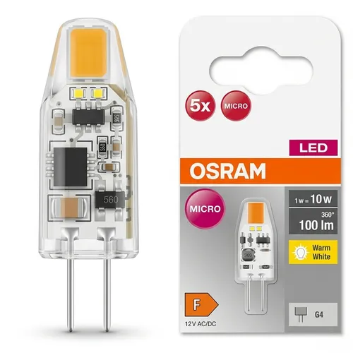 Osram LED BASE PIN MICRO, 50er Vorteilspack, warmweiß, G4 Sockel - ULTRAKOMPAKT: Die LED-Leuchtmittel passen auch in enge Räume. ROBUST UND EFFIZIENT: Dank moderner LED-Technologie sind sie stoßfest und energieeffizient. IDEAL FÜR LANGFRISTIGEN EINSATZ: Geringe Wärmeentwicklung sorgt für angenehme Temperaturen.