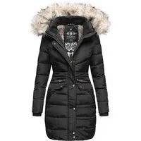 Navahoo Damen Winter Steppmantel Paula Schwarz Gr. XL - Funktionsjacken: Warmer, taillierter Steppmantel mit abnehmbarer Kunstfellkapuze, ideal für kalte Wintertage.