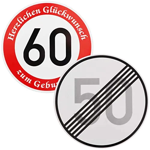 Original Verkehrszeichen Nr. 278-50 und Nr. 274-60 für den 60. Geburtstag - Zwei originale Verkehrsschilder aus Deutschland, ideal als kreative Geschenkidee. Die Schilder sind aus hochwertigem Aluminium gefertigt und bieten eine einzigartige Möglichkeit, Geburtstagsgrüße festzuhalten.