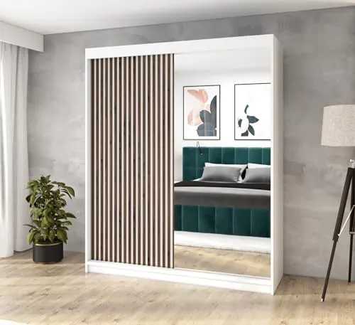 A&J MöbelLand Schwebetürenschrank mit Spiegel - Schwebetürenschrank in Weiß, geräumig mit 6 Regalen und 1 Kleiderstange – ideal für Ordnung und Stil in Ihrem Schlafzimmer. Wählen Sie zwischen 120 cm, 160 cm oder 180 cm Breite – jetzt mit kostenloser Lieferung!