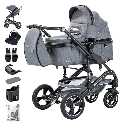 Daliya® Kombi-Kinderwagen BAMBIMO 3in1 mit Babyschale und Zubehör - Vielseitiger 3-in-1 Kinderwagen mit Aluminiumgestell, der als Buggy oder klassischer Kinderwagen verwendet werden kann. Inklusive Babyschale und praktischem Wickelzubehör für unterwegs.