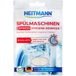 HEITMANN Express Spülmaschinen-Hygiene-Reiniger 30 g - Effektiver Geschirrspülmittel mit Dreifach-Aktiv-Formel, entfernt Fett, Kalk und Gerüche in nur 20 Minuten – für eine saubere und leistungsfähige Spülmaschine.