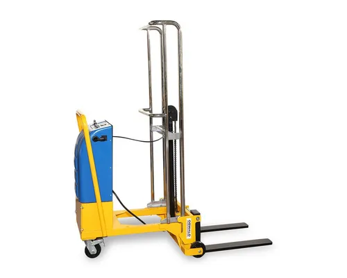 OSWALD Mini-Stapler MS250 - Semi-elektrisch mit 250 kg Tragkraft und 1,4 m Hubhöhe - Effizienter Mini-Stapler mit freitragenden Gabelzinken für variable Breitenverstellung. Ideal für Displays und Spezialpaletten. Manuelles Fahren und elektrisches Heben sorgen für optimale Handhabung.