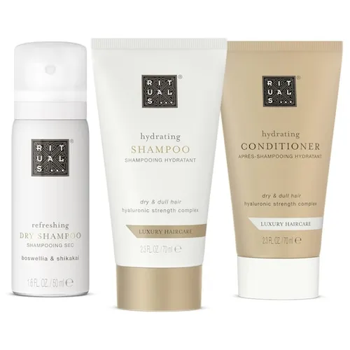 Rituals Feuchtigkeitsspendendes Haarpflege-Set, 3-teilig mit Shampoo, Conditioner & Trockenshampoo - 3-teiliges Haarpflege-Set mit feuchtigkeitsspendendem Shampoo (70 ml), Conditioner (70 ml) und Trockenshampoo (50 ml) für intensive Pflege und Frische. Ideal für trockenes Haar, um Glanz und Geschmeidigkeit zu fördern.