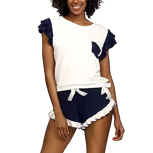 DKaren Damen Schlafanzug Set Lulu XXL - Zweiteiler Damen Pyjama - Loungewear mit Kurzen Ärmeln und Shorts - Nachtwäsche Damen mit Tasche und Rüschen - Pjama Set Kurz Ecru-Marineblau