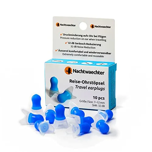 Nachtwaechter Reise Ohrstöpsel zum Schlafen 10 Stück – Gehörschutzstöpsel 32dB aus Silikon für ruhigen Schlaf auf Reisen – Flugzeug Ear Plugs für besseren Druckausgleich