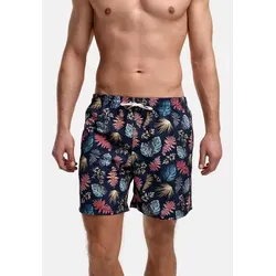 Indicode Herren INAntorgos Badehose mit superweicher Innenhose | Badeshorts für Männer Navy, S - Stylische Badeshorts mit tropischem Muster für den perfekten Sommerlook. Elastischer Bund mit Kordelzug sorgt für hohen Tragekomfort. Praktische Seitentaschen bieten Platz für Essentials. Ideal für entspannte Tage am Strand.
