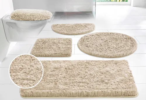 Guido Maria Kretschmer Home&Living Badematte Micro exclusiv, Badvorleger, Badezimmer Teppich, Höhe 55 mm, rutschhemmend beschichtet, fußbodenheizungsgeeignet, schnell trocknend, strapazierfähig, Polyester, rund, Badteppich, Badematten auch als 3 teiliges Set & rund erhältlich, beige