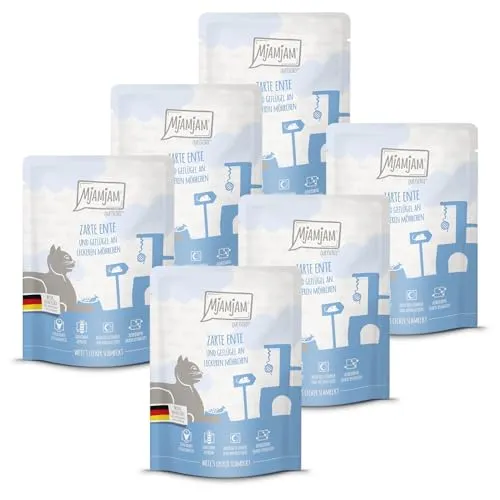 MjAMjAM - Premium Nassfutter für Katzen - Quetschie - zarte Ente & Geflügel an leckeren Möhrchen, 6er Pack (6 x 300 g), getreidefrei mit extra viel Fleisch