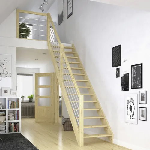 Dolle Raumspartreppe Paris Gerade Fichte mit Edelstahlgeländer - Innentreppen für effizienten Raumgewinn, ideal für Geschosshöhen bis 280,5 cm, flexibel durch vorgefräste Stufen für Setzstufen und inklusive stilvollem Edelstahlgeländer.