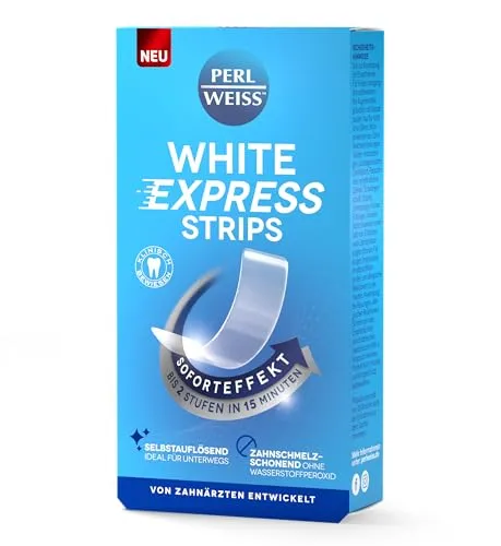 PERLWEISS White Express Strips - Zahnaufhellung in 15 Minuten - Bis zu 2 Stufen weißere Zähne - Soforteffekt mit selbstauflösenden Bleaching Strips - Zahnschmelzschonend & ohne Wasserstoffperoxid