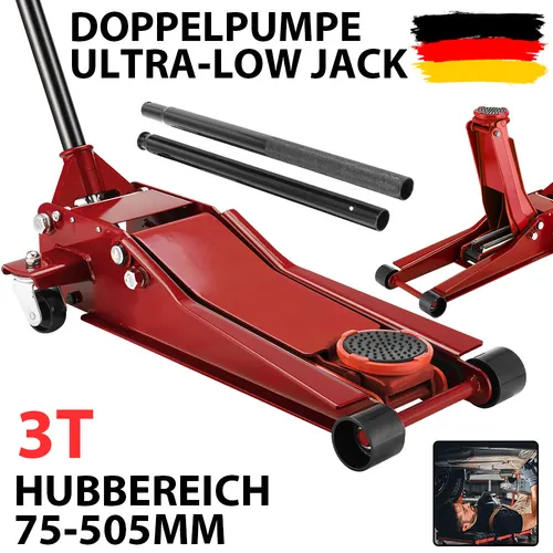 Wagenheber hydraulisch 3T - Flache Hubhöhe 75-505mm, ideal für Heimwerker mit sicherem Anheben und einfacher Handhabung