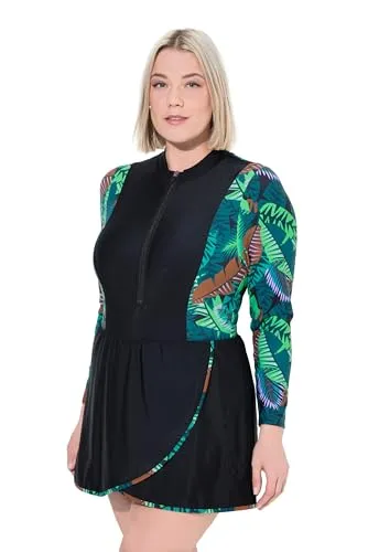Ulla Popken Badekleid Dschungel mit Softcups - Bademode für sportliche Frauen, aus 80% recyceltem Polyamid, bietet hohen Tragekomfort mit Stehkragen und Langarm für optimalen Sonnenschutz.