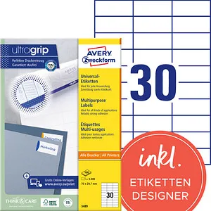 AVERY Zweckform Etiketten 70x29.7mm, 3.000 Stück - Vielzweck-Etiketten in Weiß, selbstklebend und im praktischen Blattformat. Ideal für den täglichen Einsatz im Büro oder Zuhause.