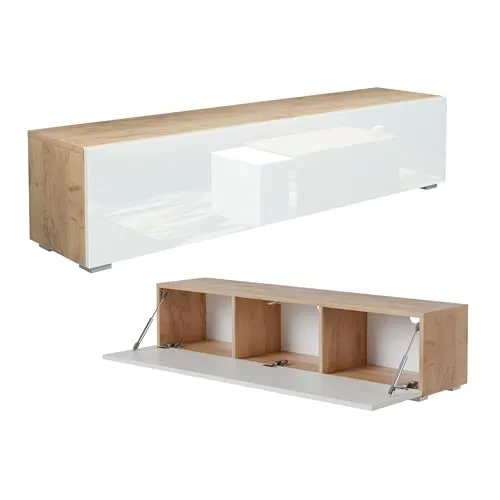 PLATAN ROOM Fernsehschrank TV-Lowboard 105/140 / 160/210 / 280 In Eiche Weiß Hängend Oder Stehend Hochglanz Matt (140 x 30 x 32, Eiche Gold/Weiß Hochglanz)