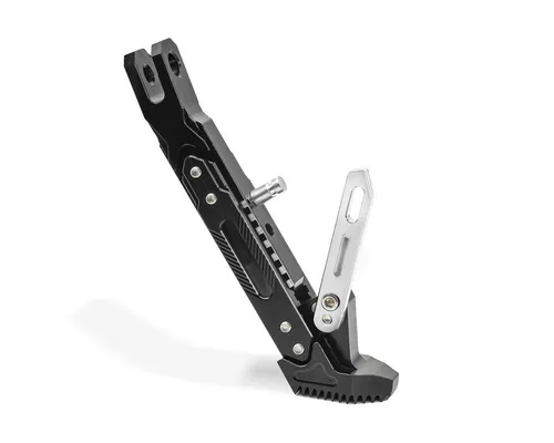 Höhenverstellbarer Motorrad Seitenständer Tourtecs aus Aluminium - Universal Seitenständer für Motorräder, höhenverstellbar von 20-26cm, aus rostfreiem Aluminium, ideal für tiefergelegte Modelle und bis 500 kg belastbar. Rutschfester Fuß für sicheren Stand.