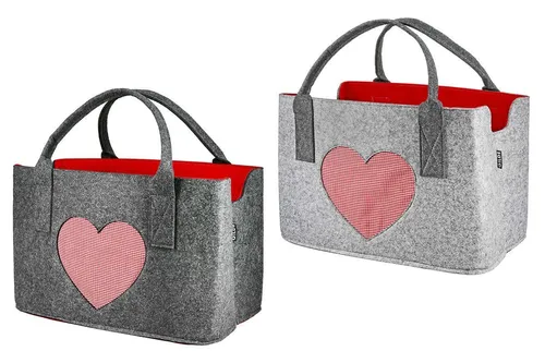 GILDE Shopper Filztasche Dunkelgrau "LOVE" - Modische Filztasche für Einkäufe und Freizeit. Robust, waschbar und mit einem stilvollen karierten Herz-Design. Ideal als Geschenk oder für den Kofferraum – trägt bis zu 15 kg. Maße: 26x40x25 cm.