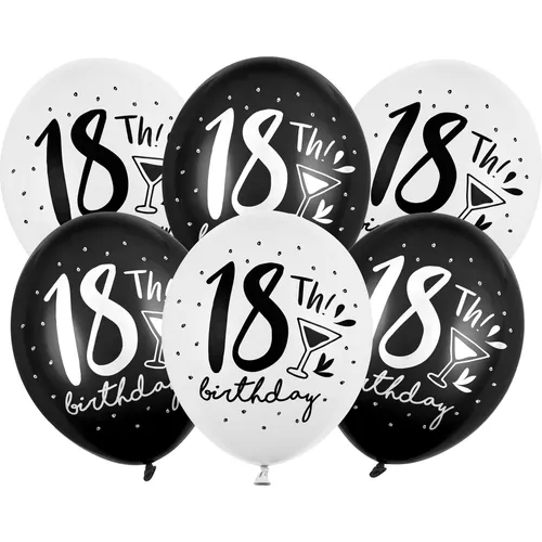 Partydeco Luftballon 18th! Birthday Schwarz/Weiss Ø 30 cm, 6 Stück (6x) (SB14P-246-000-6)
