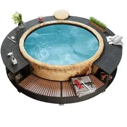 vidaXL Whirlpool-Umrandung Schwarz Poly-Rattan - Elegante Whirlpool-Einfassung aus Poly-Rattan, mit integriertem Stauraum und witterungsbeständigem Design. Ideal für einen modernen und funktionalen Whirlpoolbereich.
