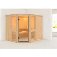 Karibu Sauna Anina 3 Natur - Elementsauna mit 68 mm Wandstärke und hervorragender Energieeffizienz, ideal für entspannende Momente. Inklusive Ofenschutzgitter und 3 breiten Liegen für maximalen Komfort.