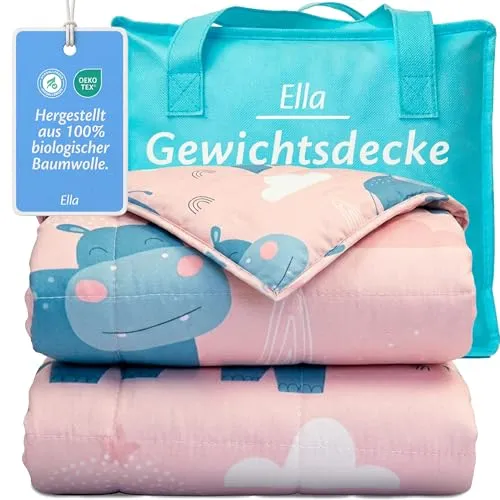 Ella Kinder Gewichtsdecke 3,2 kg 100x150 cm - Therapiedecke, für Stressabbau & Angstzustände, Hypoallergene Glasperlen, weiche & kühlende Baumwoll- Außenschicht, für Kinder von 25-40 kg - Hippo
