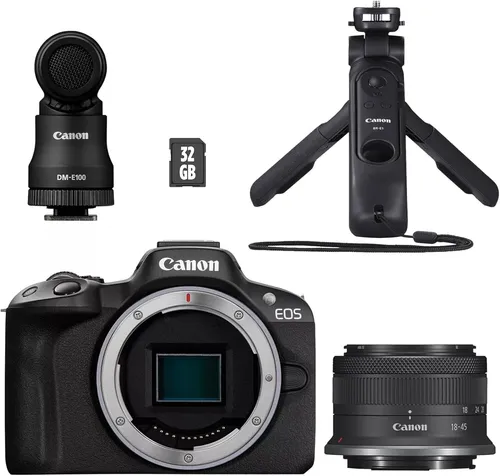 Canon EOS R50 Spiegellose Kamera Content Creator Kit – Perfekt für Einsteiger und Profis - Spiegelreflex- & Systemkameras mit 24,2 MP APS-C Sensor und Dual Pixel Autofokus II für gestochen scharfe Fotos und 4K-Videos – ideal für Vlogging und einfache Verbindung über WLAN und Bluetooth.