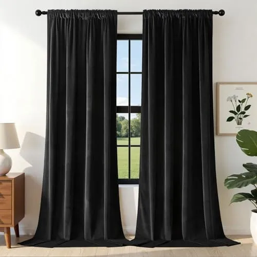 Joydeco Thermovorhang Kälteschutz Samtvorhang, 2er Set H 160 x B 132 Schwarz Elegant Verdunklungsvorhänge, Schallschutz Blickdicht Samt Gardinen Wohnzimmer Schlafzimmer Winter