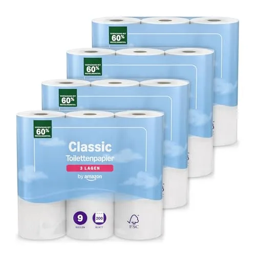 by Amazon Klassisches Toilettenpapier, 3-lagig, 36 Rollen (9 Rollen, 4er-Pack), 200 Blatt pro Rolle, FSC-zertifiziert