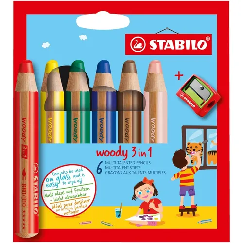 STABILO woody 3 in 1 Malset, 6 farbsortierte Stifte für kreatives Malen, ideal für Kleinkinder mit ergonomischem Design und bruchgeschützten Minen - 