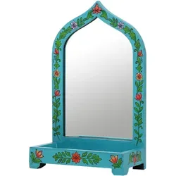 Marrakesch Dekospiegel Akriti - Orientalischer Schminkspiegel aus Holz - Dekospiegel in Blau, handgefertigt aus Indien, ideal für Flur oder Badezimmer, geliefert im montierten Zustand für sofortige Nutzung.