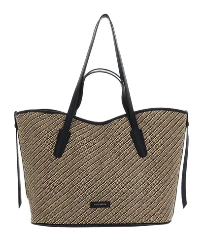 COCCINELLE Handbag Shopper Schultertasche Multi Noir - Elegante Damen Shopper-Handtasche aus hochwertigem Rindsleder und Baumwolle, ideal für Freizeitaktivitäten. Stilvolles geometrisches Design in Beige und Schwarz.
